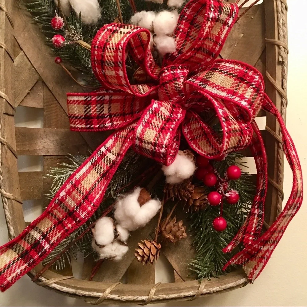 New Farmhouse Christmas Floral Plaid Rustic Winter Cotton Tobacco Basket